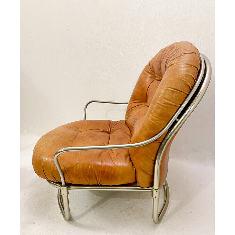 Mid-century cognac leather armchair and ottoman mod 915 by Carlo de Carli, Italy