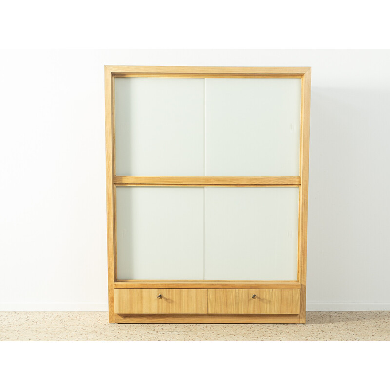 Vintage cabinet in bleached walnut veneer with four white glass sliding doors, 1960s