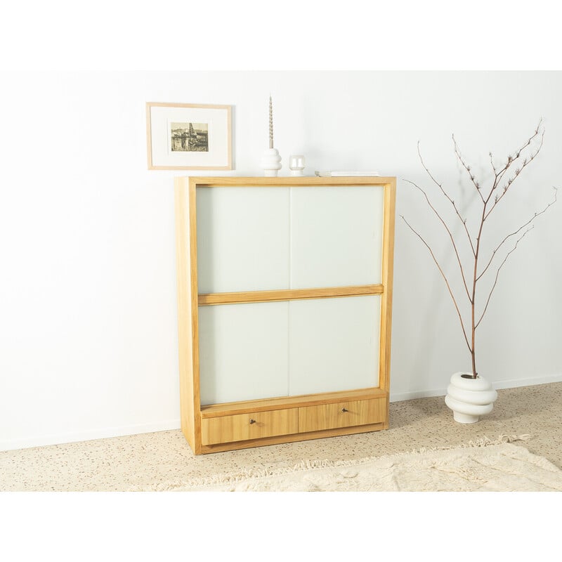 Vintage cabinet in bleached walnut veneer with four white glass sliding doors, 1960s