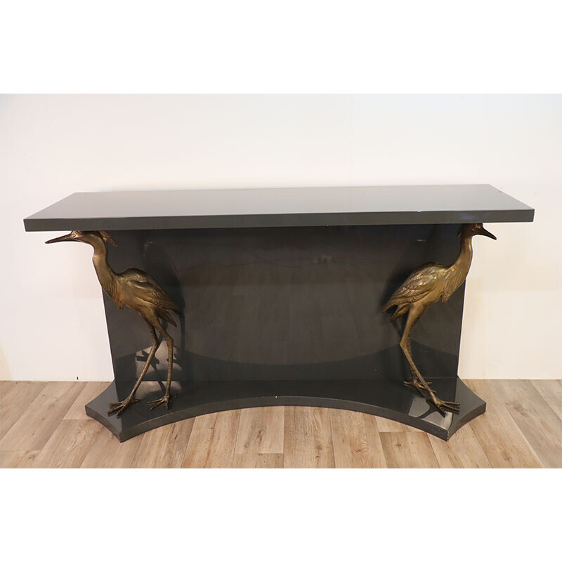 Vintage console in lacquered wood with brass herons, 1970