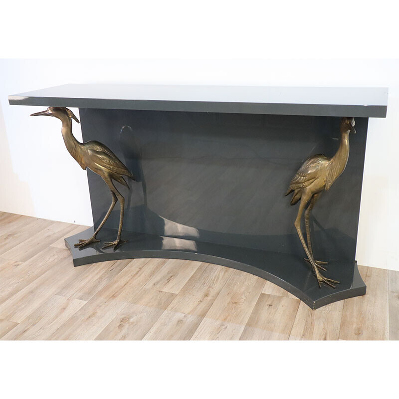 Vintage console in lacquered wood with brass herons, 1970