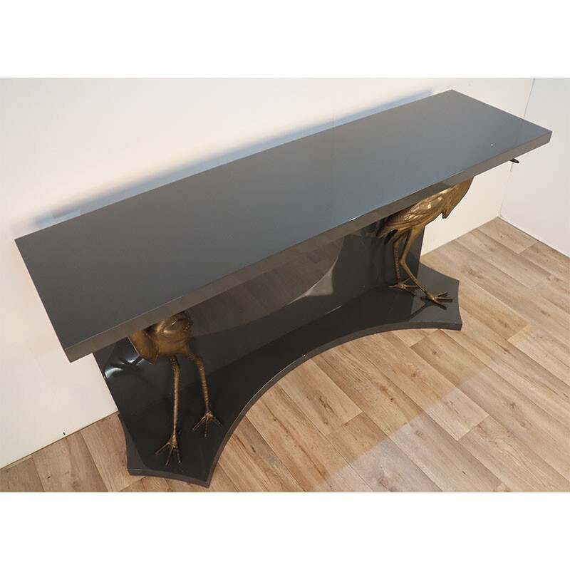 Vintage console in lacquered wood with brass herons, 1970