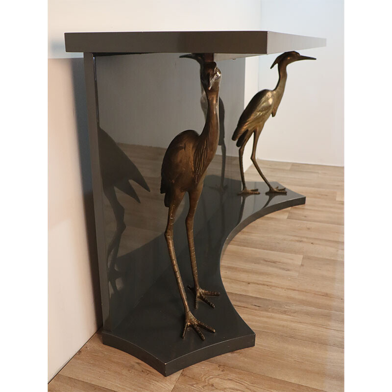 Vintage console in lacquered wood with brass herons, 1970