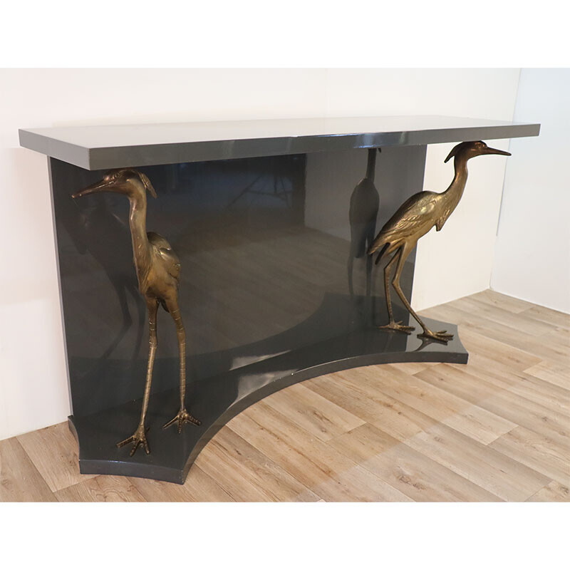 Vintage console in lacquered wood with brass herons, 1970