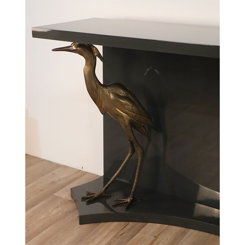 Vintage console in lacquered wood with brass herons, 1970