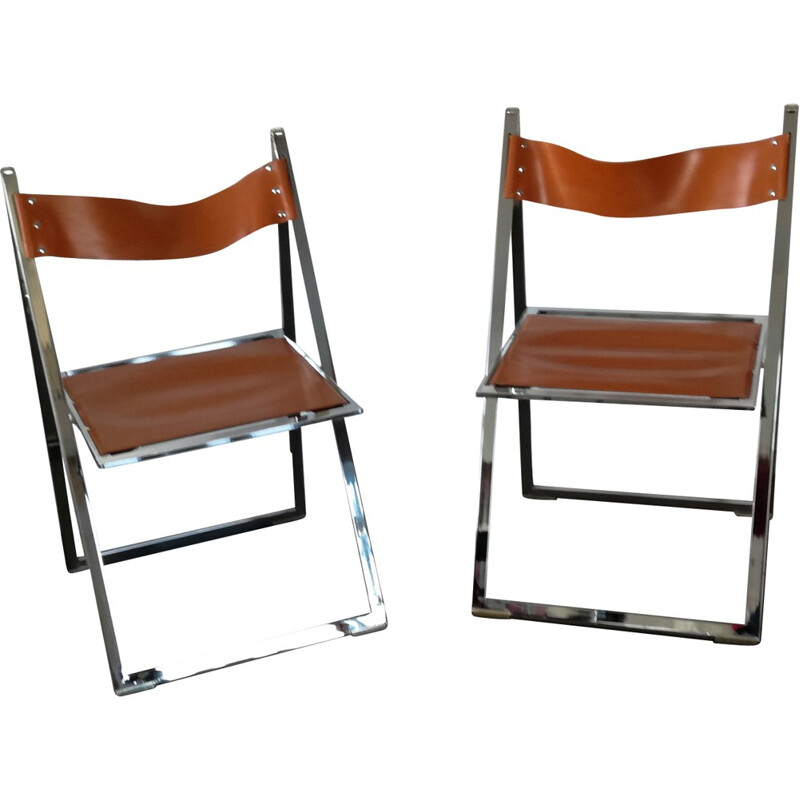 Pair of brown chairs in chromed steel and leather by FONTONI et GERACI - 1970s
