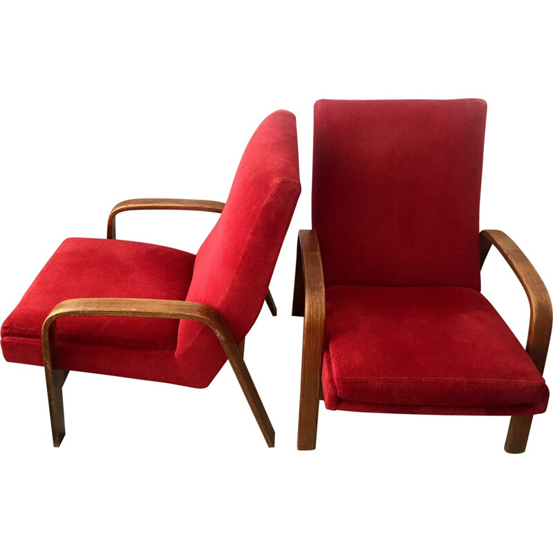 Paire de fauteuils rouge framboise d'ARP produite par Steiner - 1950