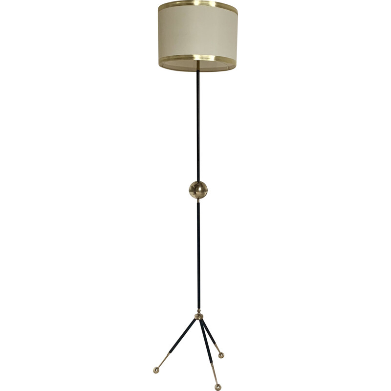 Lampadaire tripode vintage en metal noir et boule laiton, 1960