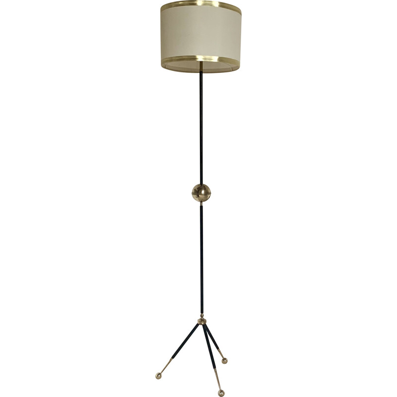 Vintage tripod floor lamp in black metal and brass ball, 1960