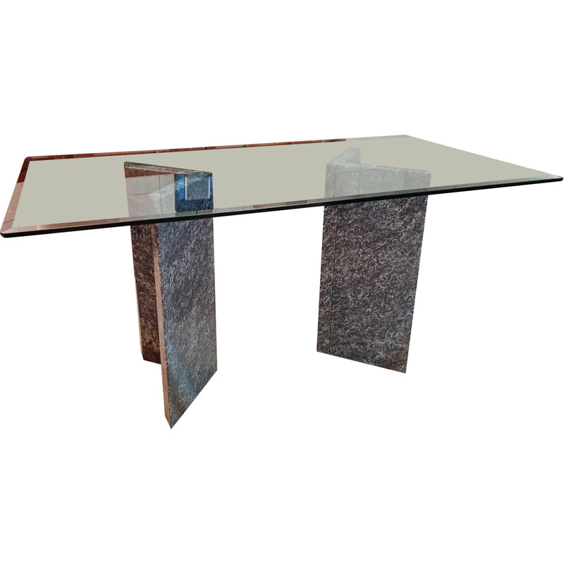 Table vintage en marbre et en verre, 1980
