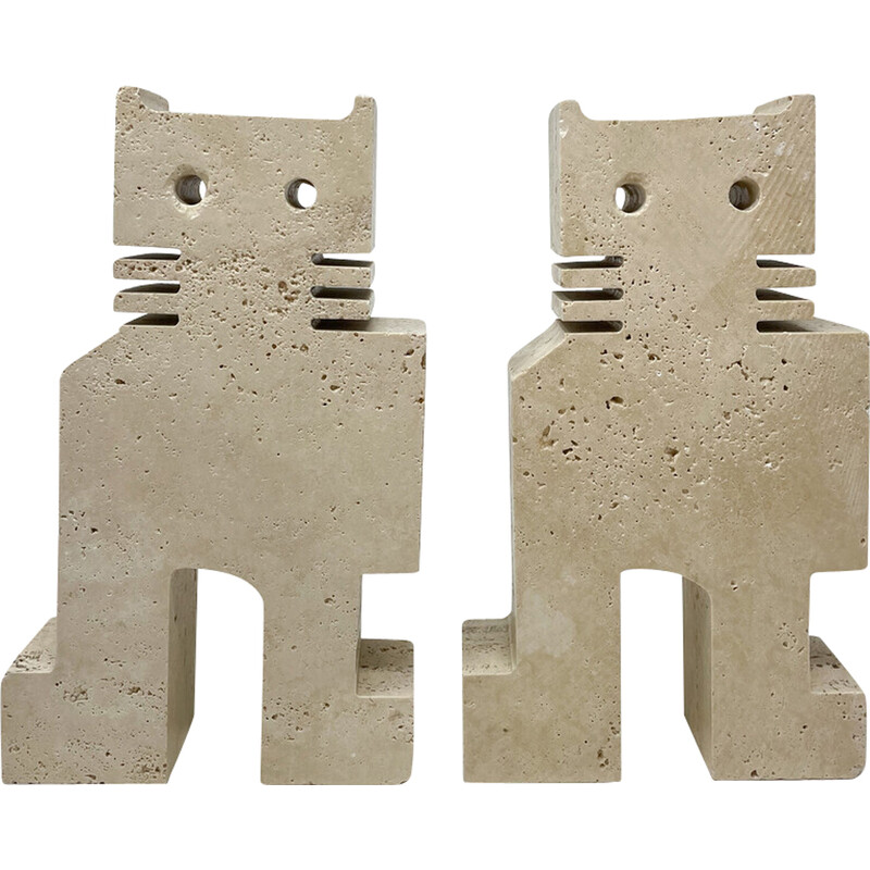 Pair of vintage cat bookends in travertine by Fratelli Mannelli, 1970s