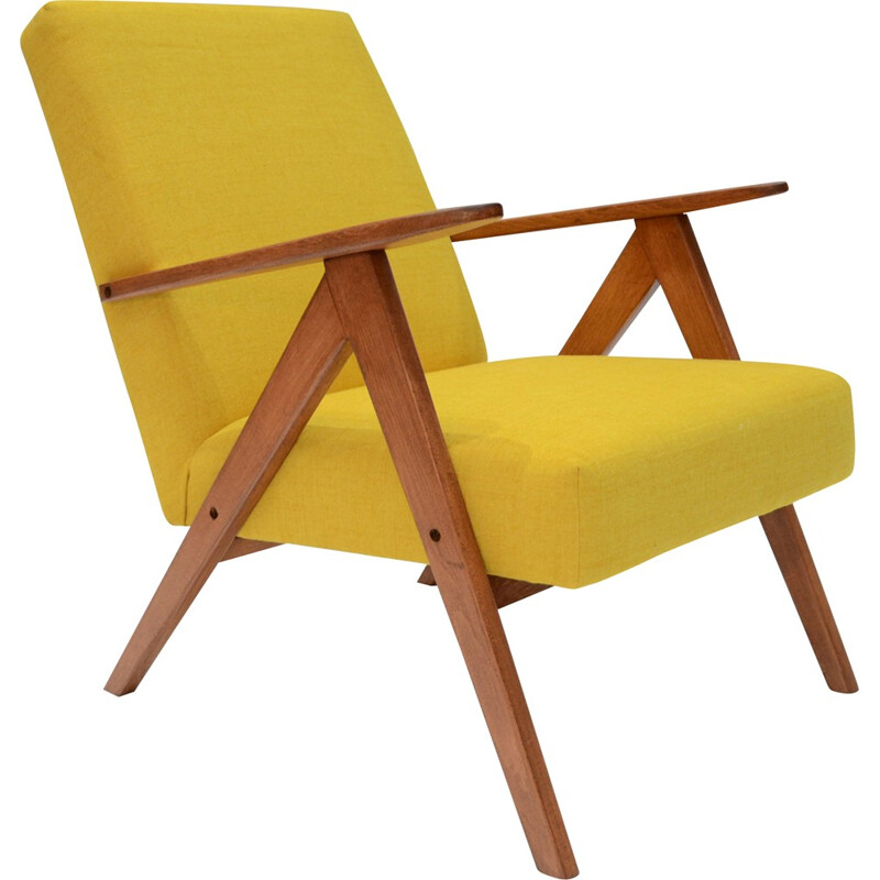 Yellow armchair with compass feet in teak - 1970s