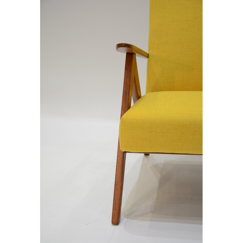 Yellow armchair with compass feet in teak - 1970s