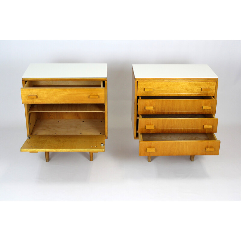 Pair of vintage night stands in white glass and plywood for Nový domov Np, Czech Republic 1970s