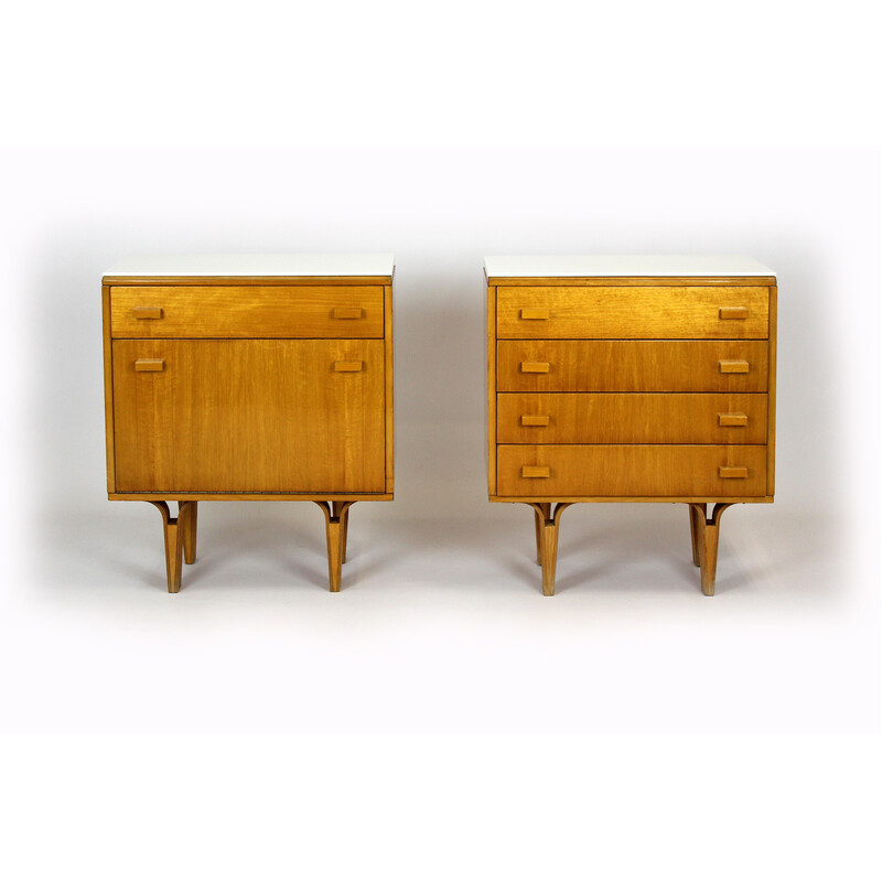 Pair of vintage night stands in white glass and plywood for Nový domov Np, Czech Republic 1970s