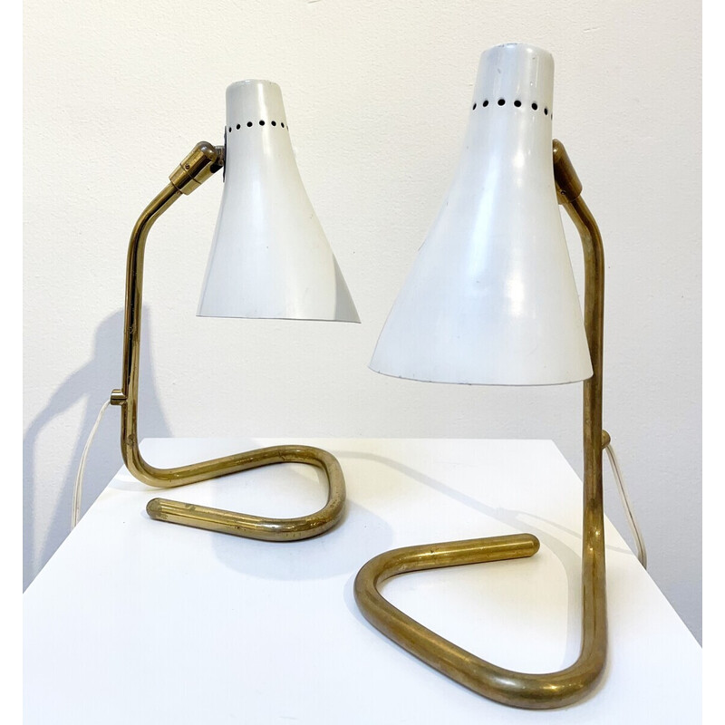 Pair of vintage modular table lamps in white brass and metal by Guiseppe Ostuni, Italy 1950s