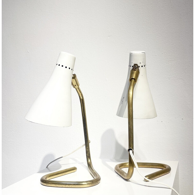 Coppia di lampade da tavolo modulari vintage in ottone bianco e metallo di Giuseppe Ostuni, Italia anni '50