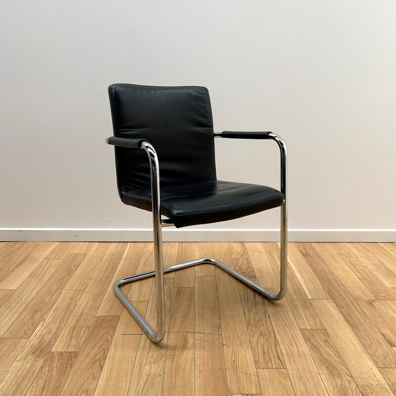Vintage desk chair in black leather and chromed aluminum