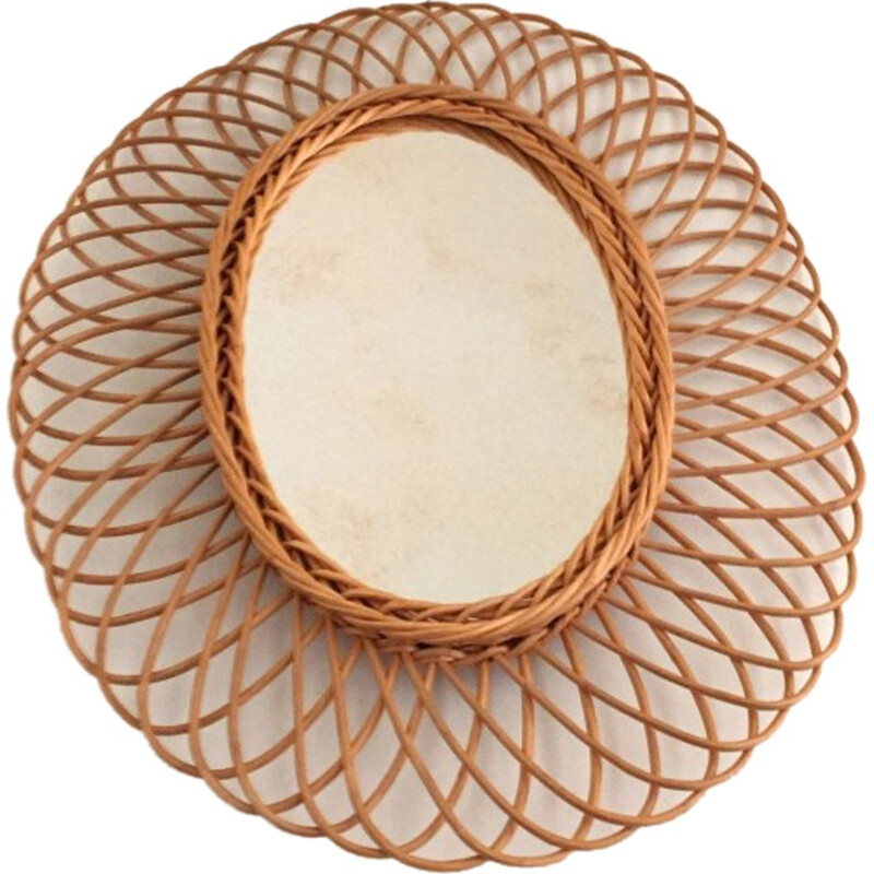 Vintage sun-shaped oval mirror in rattan - 1950s