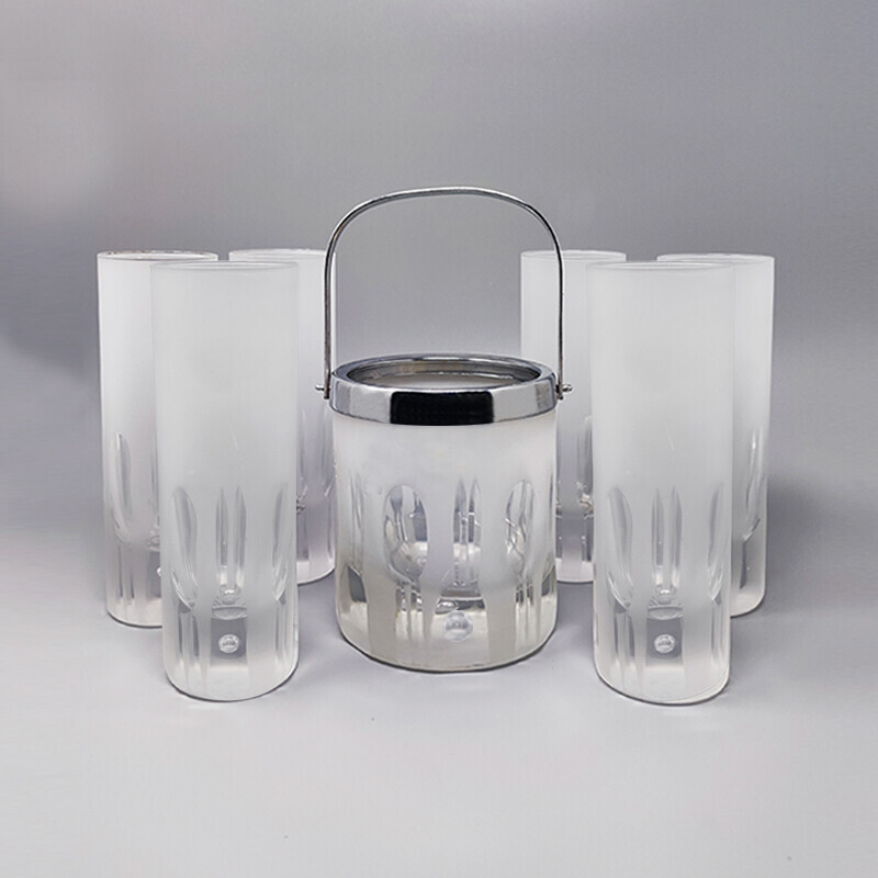 Secchiello per ghiaccio vintage con 6 bicchieri in cristallo al piombo di Kristal, Italia 1960