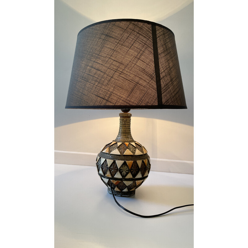 Vintage lamp in silver metal, copper and bone, 1970s