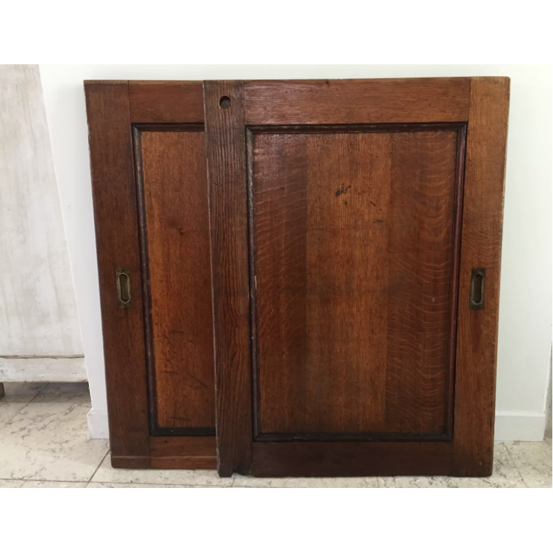 Coppia di porte scorrevoli vintage in rovere e ottone