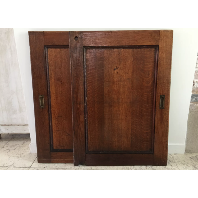 Coppia di porte scorrevoli vintage in rovere e ottone