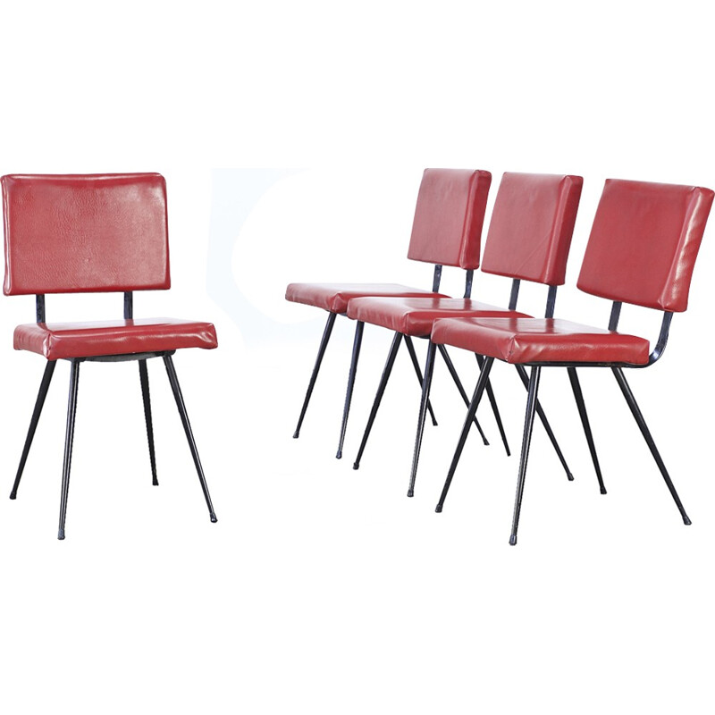 Ensemble de quatre chaises de salle à manger édition Brabantia en simili cuir rouge - 1970