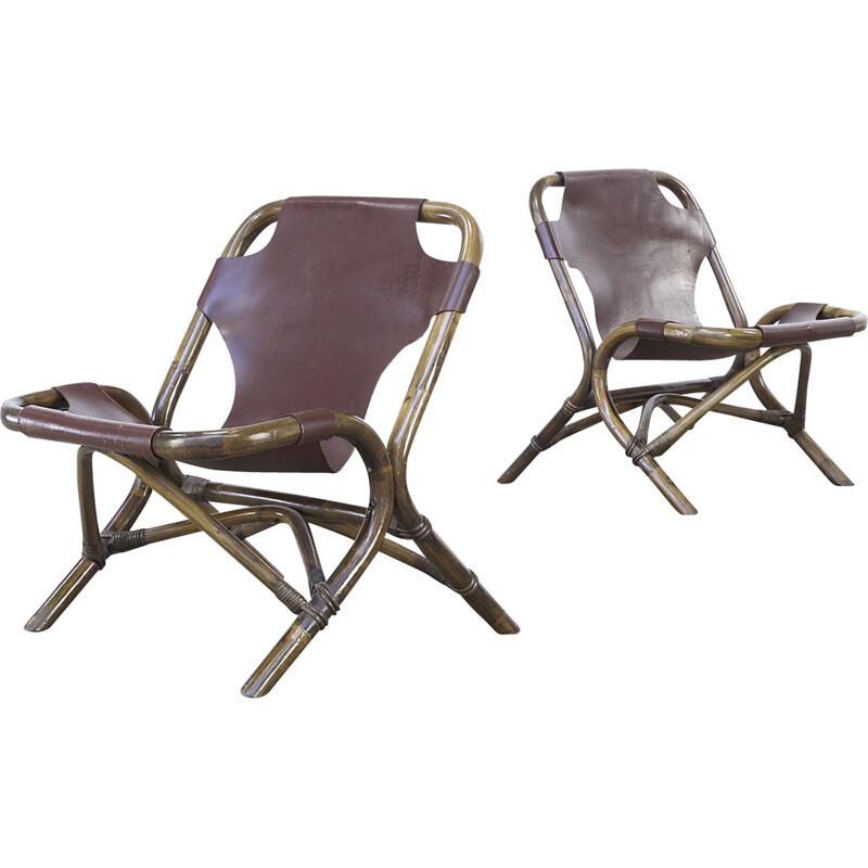 Pair of brown low chairs in leather and bamboo - 1980s