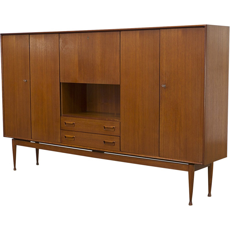 Teak cabinet with 4 doors, 2 drawers and 1 flapdoor produced by Vinde Mobelfabrik - 1960s