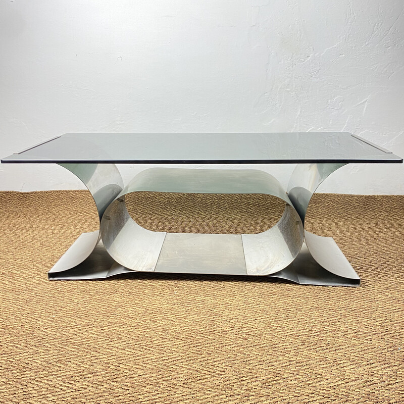 Vintage coffee table in metal and smoked glass by François Monnet for Kappa, France 1970s