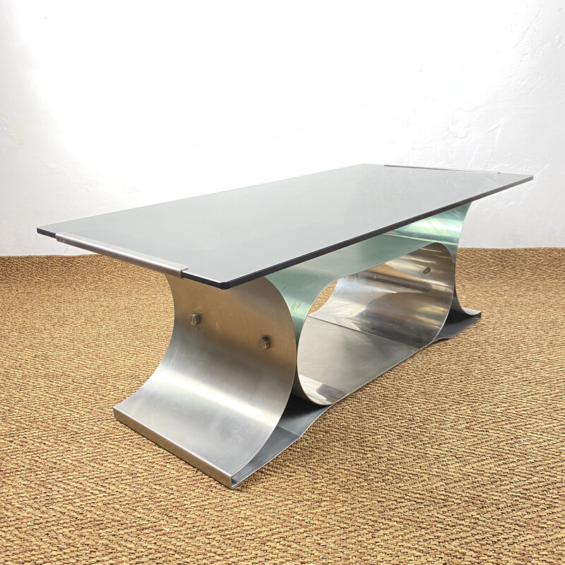Vintage coffee table in metal and smoked glass by François Monnet for Kappa, France 1970s
