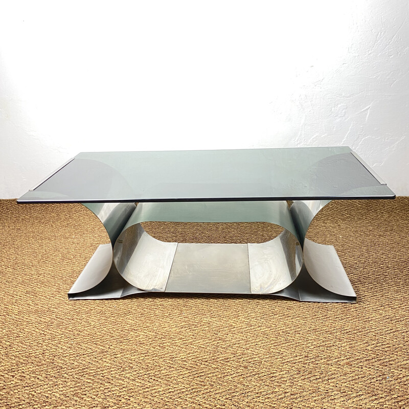 Vintage coffee table in metal and smoked glass by François Monnet for Kappa, France 1970s