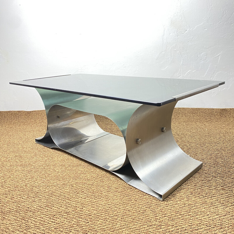 Vintage coffee table in metal and smoked glass by François Monnet for Kappa, France 1970s