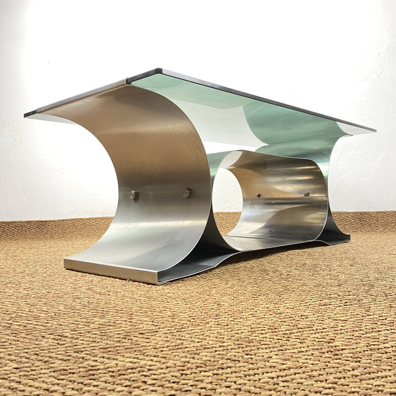 Vintage coffee table in metal and smoked glass by François Monnet for Kappa, France 1970s
