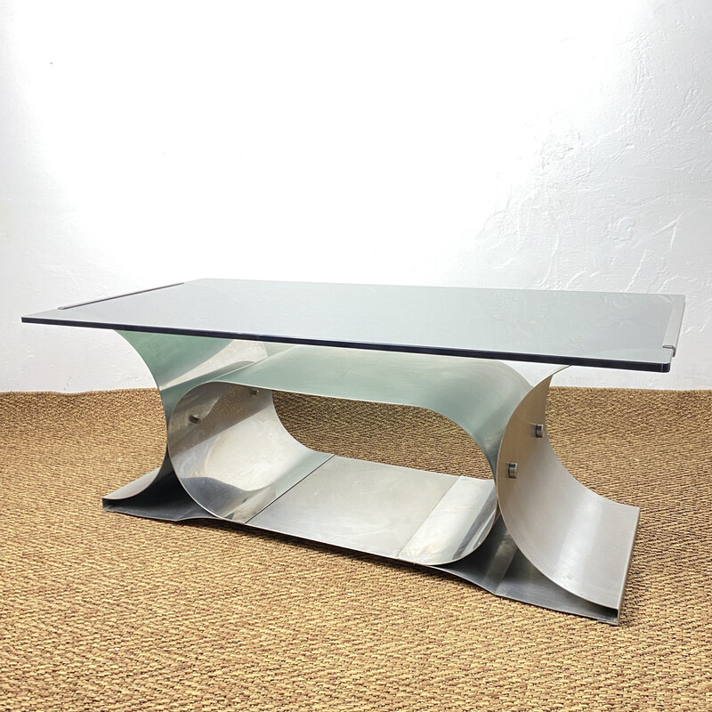 Mesa de centro vintage en metal y cristal ahumado de François Monnet para Kappa, Francia años 70