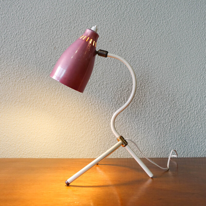 French Midcentury Red Brass and Marble Gooseneck Table Lamp, 1950s