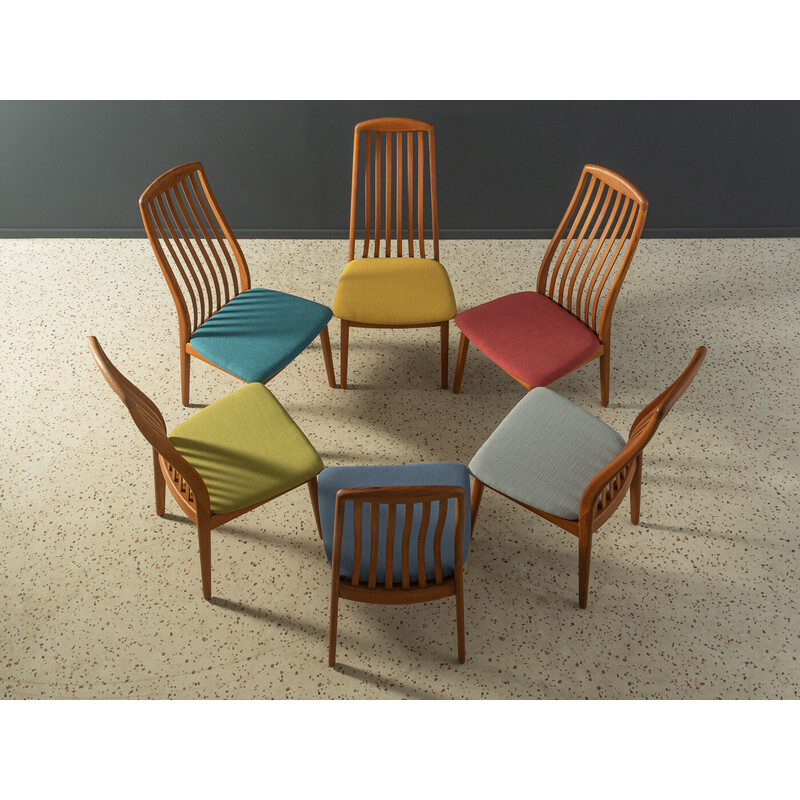 Set of 6 vintage chairs in teak and multicolored fabric for Benny Linden, Denmark 1960s