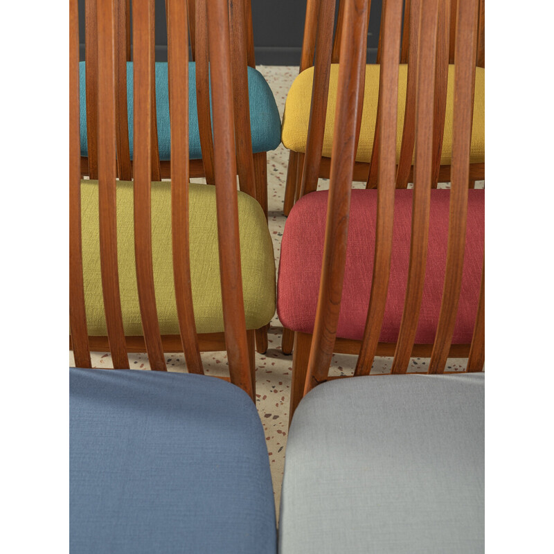 Set of 6 vintage chairs in teak and multicolored fabric for Benny Linden, Denmark 1960s