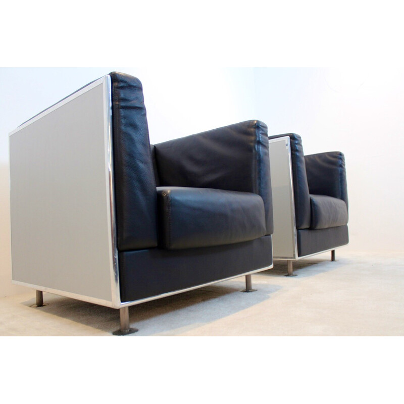 Paire de fauteuils vintage en cuir et aluminium par Kunihide Oshinomi pour Matteo Grassi