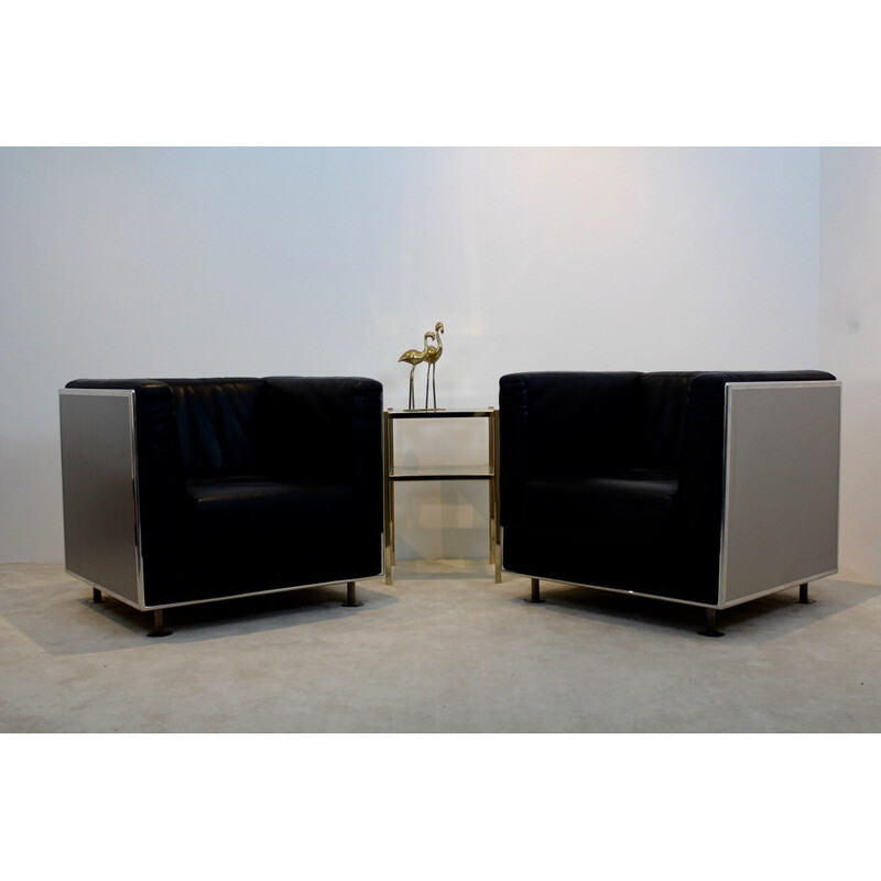 Pair of vintage leather and aluminum armchairs by Kunihide Oshinomi for Matteo Grassi