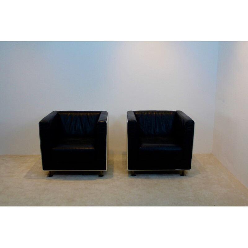 Pair of vintage leather and aluminum armchairs by Kunihide Oshinomi for Matteo Grassi