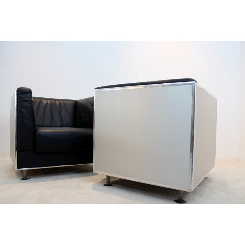 Paire de fauteuils vintage en cuir et aluminium par Kunihide Oshinomi pour Matteo Grassi