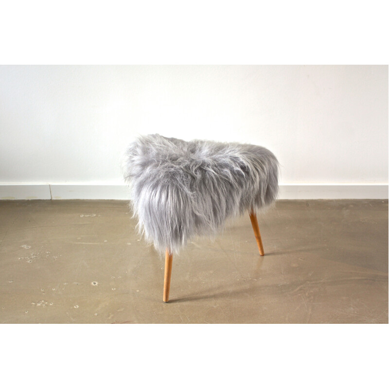 Mid-century sheepskin and teak triangular stool - 1960s