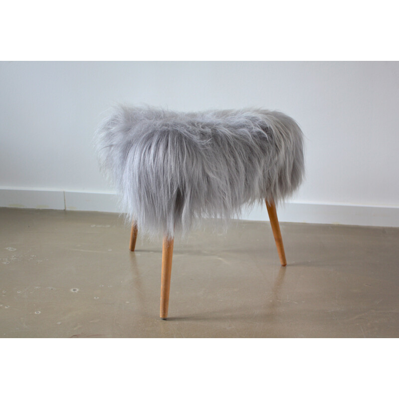 Mid-century sheepskin and teak triangular stool - 1960s