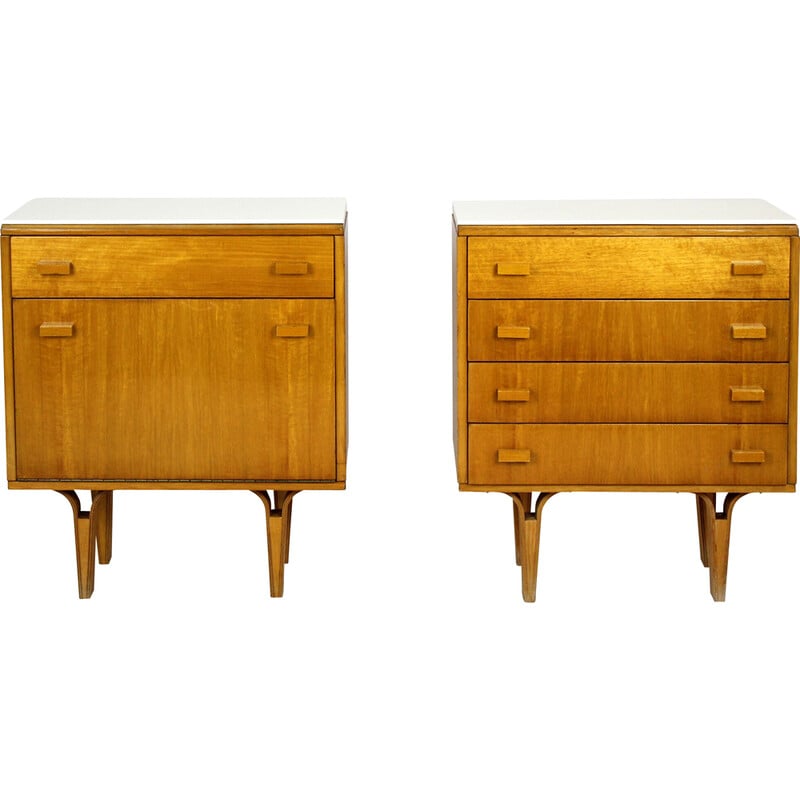 Pair of vintage night stands in white glass and plywood for Nový domov Np, Czech Republic 1970s