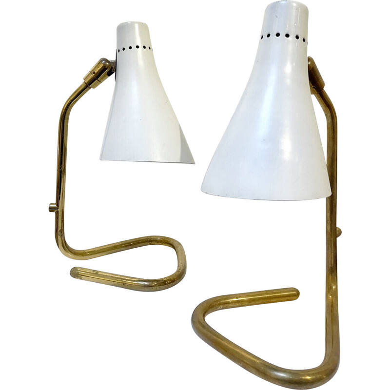 Coppia di lampade da tavolo modulari vintage in ottone bianco e metallo di Giuseppe Ostuni, Italia anni '50