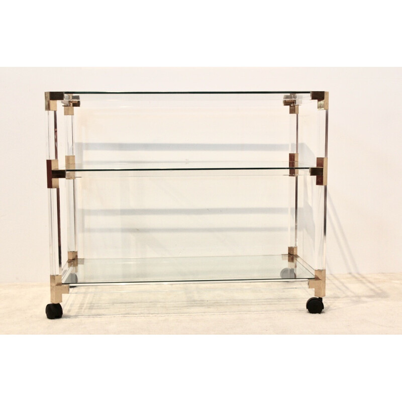 Vintage bar trolley in lucite, gold and glass by Pierre Vandel, France 1970s