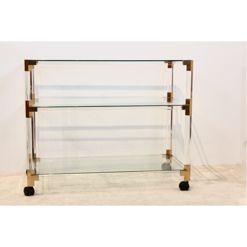 Vintage bar trolley in luciet, goud en glas van Pierre Vandel, Frankrijk 1970