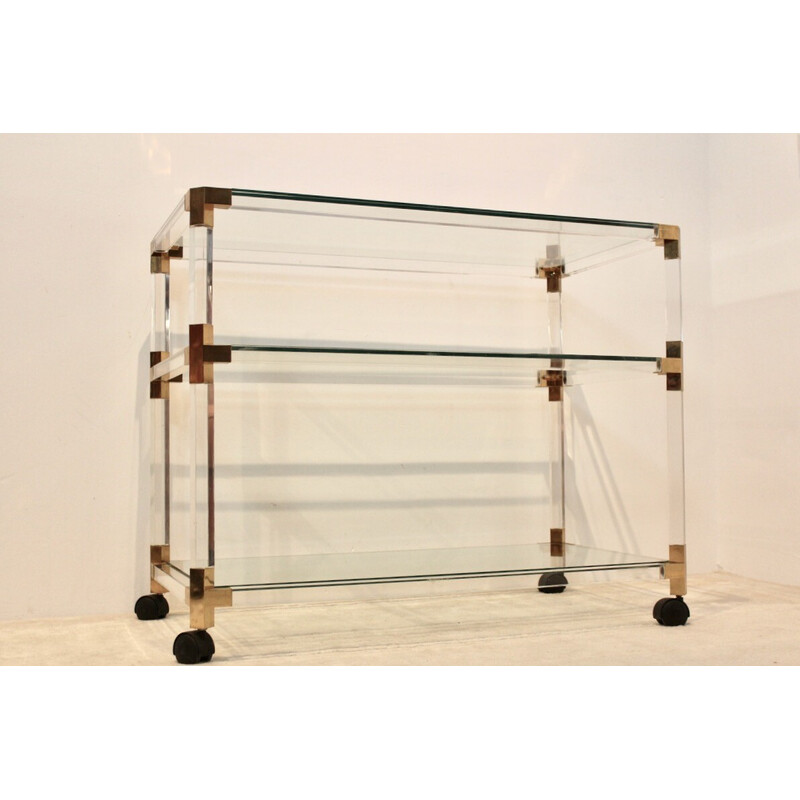 Carrello bar vintage in lucite, oro e vetro di Pierre Vandel, Francia anni '70